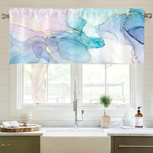 Beydodo Scheibengardine Blickdicht Modern, Küchengardine Kurz 152x45CM Bedruckt Rosa Blau Marmor Muster Vorhang Blickdicht Bistrogardine Fenster, 1 Stück
