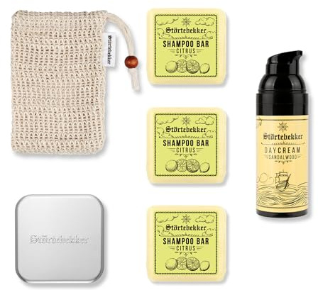 Störtebekker® Premium Dusch Routine Set - Festes Shampoo Citrus (x3), Sisalsäckchen, Seifendose + Tagescreme - Shampoo Bar Set für Haare, Kopfhaut & Bart - Handgefertigt in Seifenmanufaktur