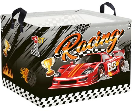 Clastyle Racing Car Baby Laundry Hamper Collapsible Clothes Kids Storage Basket Waterproof Boys Toy Box for Nursery Room, Flag, 40 * 30 * 30 cm