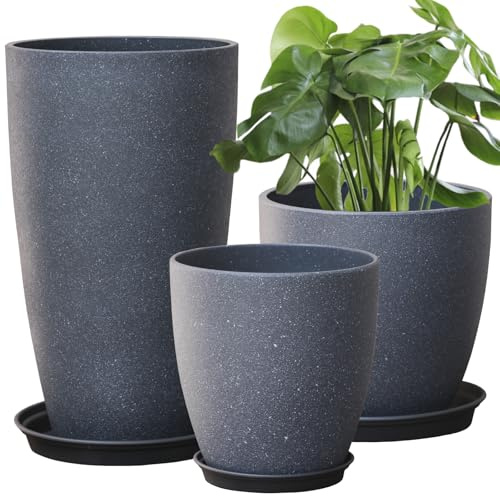 Jardineras Decorativas Macetas Redondas Altas de Plástico Pintura de Superficie Gris Cemento Robustas e Inodoras, Macetas Modernas para Porche Patio y Todas Las Plantas de Casa Juego de 3