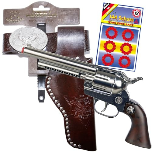 Cowboy Gürtel verstellbar aus Kunstleder & Metall mit Western-Pistole 25 cm lang inkl. 144 Schuss-Munition Kostüm-Zubehör Fasching Karneval (Pistole mit Gürtel Adler-Motiv Braun)