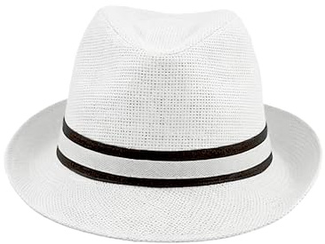 Fedora - Cappello unisex in paglia con nastro decorativo, elegante e traspirante per l'estate, ideale per spiaggia, viaggi o abbigliamento casual, bianco, 57