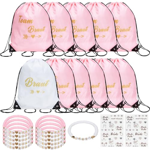 Nexhyp 11 Stück Junggesellenabschied Frauen JGA Frauen Turnbeutel Set, Team Bride Rucksack mit Kordelzug Passendes individuelles Armband, Braut Tasche Team Braut für Hochzeit Verlobung