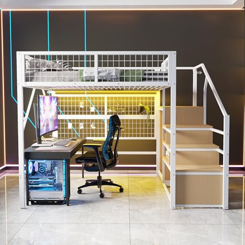 Merax Kinderbett Hochbett 140x200 cm, mit LED, Treppe Staufach Stauraum und offenem Kleiderschrank, Jugend Metall Spielbett mit Wandgitter, Ohne Matratze, Weiß/255×145×170cm