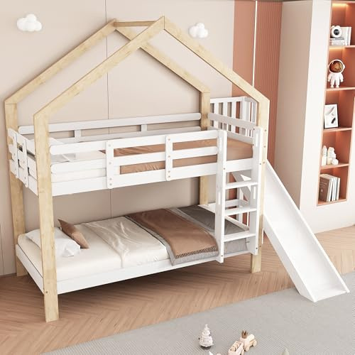 RIAZOS Etagenbett 90x200 cm, Kinderbett mit Rutsche, Hausbett mit Leiter, Stockbett für Kinder, Bettrahmen mit Schutzschienen, ohne Matratze, Weiß+Natur