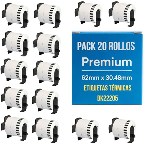 20 Rollos de Etiquetas DK22205 compatible con Brother QL - Cinta Continua DK-22205 de Papel Térmico 62mm x 30.48m, para Impresoras QL-500 550 570 700 710W 720NW 800 810W 820NW