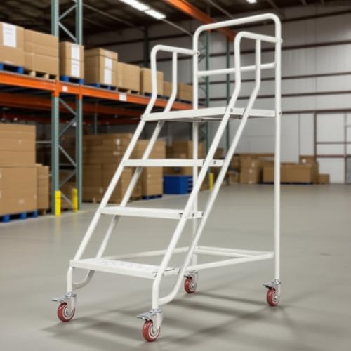 Escalera rodante resistente con plataforma para uso industrial, fácil movilidad y seguridad