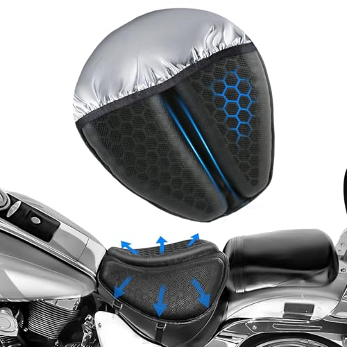 PACEWALKER Foldable Motorcycle Gel Seat Cushion with Detachable Sunshade Cover, 3D Dome-Shaped Shock Absorption Seat Pad for Long Rides, Breathable & Anti-Slip Design