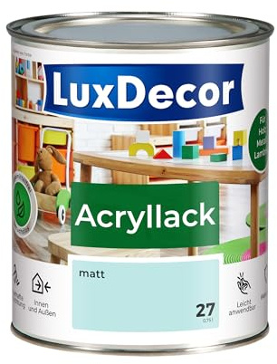 LuxDecor Acryllack 750ml Matt (27) Pistazieneis, Holzlack Buntlack, Spielzeuge Metall Möbel Fenster, Sicher Kindermöbel Spielzeuge
