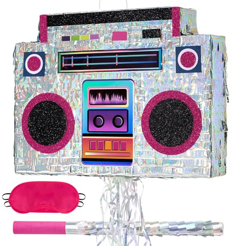 WERNNSAI Boombox Pinata – Retro Disco Pinata Geburtstag Deko Männer Frauen Vintage Piñata mit Stock Augenmaske 90er Disco Geburtstags Deko Hip Pop Junggesellenabschieds Partyspiele