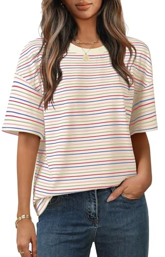 Cuptacc Tshirt Damen Rundhals Gestreiftes Casual Oversize Kurzarm Top | Rundhalsausschnitt,Halbarm,Gestreiftes,Casual,Lockere Passform,Überschnittene Schultern,Stretch,Hautfreundliches,Mode