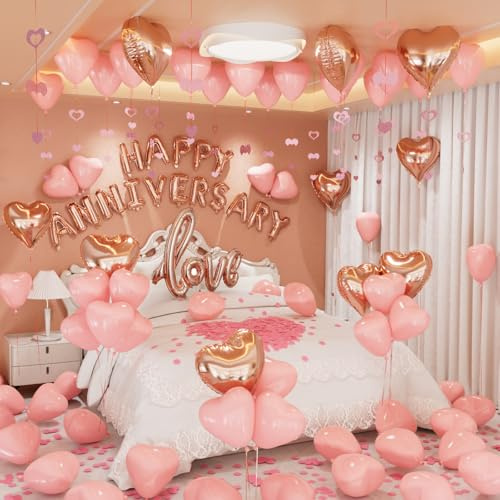 Adeyoo Pink Anniversary Balloons Decorations - Valentines Day Balloon with Happy Anniversary Banner Love Heart Balloons Rose Petals Heart Hanging String for Romantic Valentines Party Supplies