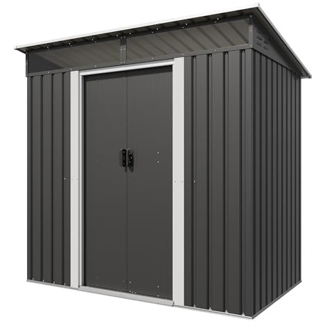 Triumphkey Metall Gerätehaus 3.6m³ mit Fundament, 183x109x182cm, Gartenhaus mit Oberlichte, Pultdach, Gartenschuppen für Terrasse, Rasen, Anthrazit