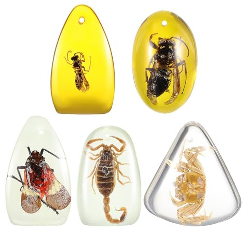 Healvian Ciondolo in ambra con insetti in resina, 5 pezzi, ciondoli in ambra con fori passanti, per collane e bracciali fai da te, ciondoli da collezione per gli amanti dei fossili