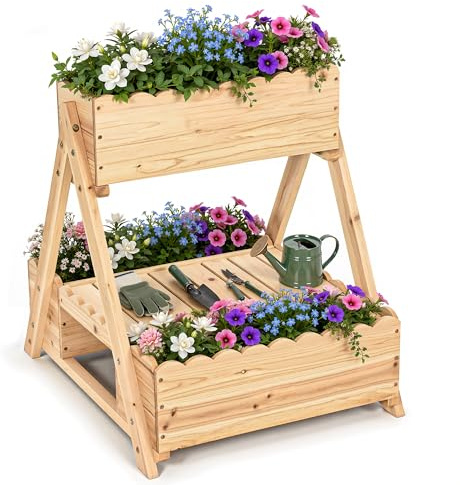Pamapic Raised Garden Bed, 3 Tier Raised Planter with Storage Shelf & Drainage Holes, Elevated Wooden Planter for Vegetable, Flowers, Herbs, Patio, Backyard, Balcony, 58 x 67 x 60 cm, Natural