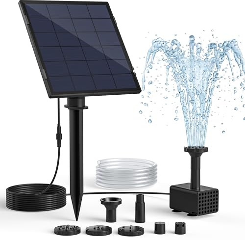 Solar Fountain Pump for Bird Bath, 2.5W Solar Water Pump with 3M Power Cord, Adjustable Ground Stake, 5 Spray Modes & 1.2M Hose, Dry-Run Protection Low Noise for Garden Small Pond Fish Tank