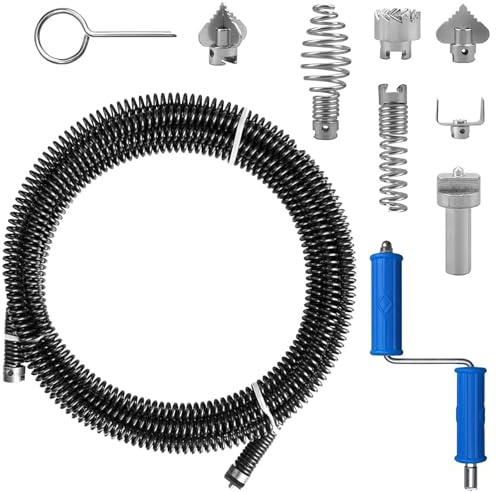 Drain Snake Unblocker 5m, 12mm Spiral Diameter with 6 Drain Cleaner Cutting Heads and 1 Manual Adapter, Heavy-Duty Sink Unblocker Tool for Kitchen, Bathroom Pipes, Manual Drain Auger for Clog Removal
