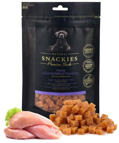 SNACKIES Premium Snacks für Hunde, ohne Zusatz von Getreide, Zucker, Farb-, Aroma- und Konservierungsstoffe, schonend luftgetrocknete Leckerli, Feine Hühnerbrustwürfel 180g