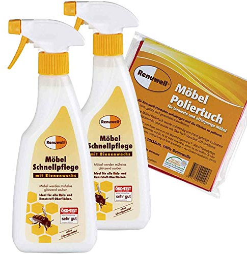 Renuwell Möbel Schnellpflege 2 x 500 ml + Möbel Poliertuch 4 Stück Spar-Set