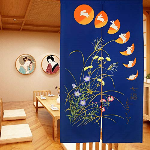 LIGICKY Japanische Gardinen Noren Lang Vorhänge Türvorhang Tapisseri für die Heimtextilien Raumteiler, Dunkelblau 85 x 150 cm (Kaninchen &Mond&Blume)