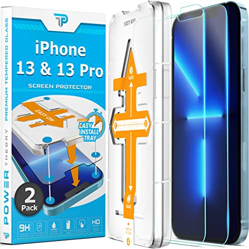 Power Theory Schutzglas für iPhone 13 Pro, iPhone 13 Schutzfolie, Displayschutz Glass mit Anbringhilfe, Displayschutzfolie, Glas Folie mit Schablone [2 Stück]