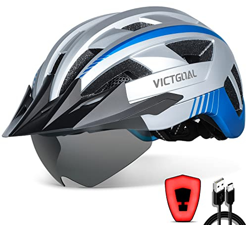 VICTGOAL Cykelhjälm MTB-hjälm med avtagbara magnetiska skyddsglasögon, avtagbar visir, lättviktig hjälm för vuxna (XL: 59–63 cm, silver)