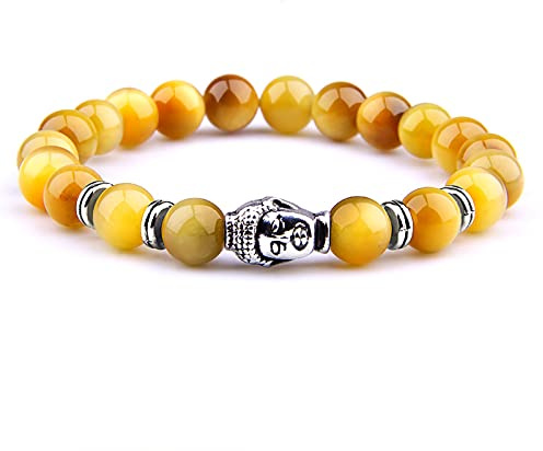 8 mm kungligt blå tigeröga armband män silverfärg Buddha huvud berlock armband kvinnor amulett Vinatge gul sten pärlor pulsera, guld tiger-2,19 cm