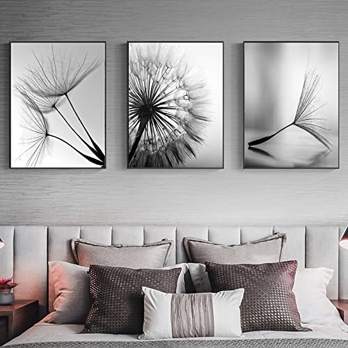FSLEOVN Leinwand Wandkunst Schwarz Weiß Pusteblume Bilder Ohne Rahmen Pusteblume Leinwand Malerei Poster für Moderne Wohnzimmer Deko 3 stücke (Schwarz Weiß,20x30cm)