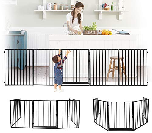 Ansobea Barrera de Seguridad 304 cm para Chimenea con Puerta de Metal, Rejilla de Barrera para el Horno Plegable, 5 Piezas, Barrera Seguridad para Niños y Mascotas, Negro