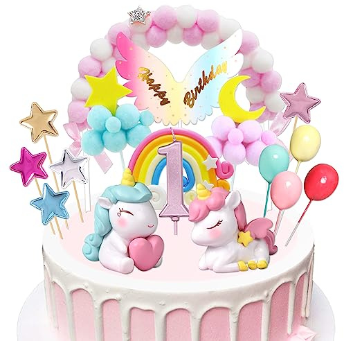 BOYATONG Einhorn Tortendeko 1. Geburtstag Mädchen, Einhorn Kuchendeko mit Kerze 1 Jahr, Einhorn Figuren Cake Topper 1. Geburtstag, Einhorn Torten Deko für Mädchen, (A1-629)