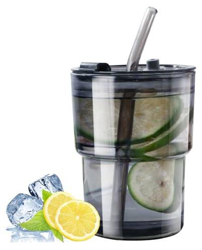 Glastassen mit Deckel und Strohhalm, Eiskaffeebecher, Auslaufsichere Wasserbecher Glas Tasse Geburtstagsgeschenke für Frauen Männer, Dickwandig isoliert für Kaffee Tee 13oz/400ml(grau)