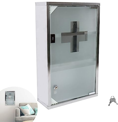 YRHome Medizinschrank aus Edelstahl 3 Fächer mit Glas Tür und Schloss abschließbar Arzneischrank Medikamentenschrank Erste Hilfe Schrank Hausapotheke Schrank 50 x 30 x 12 cm