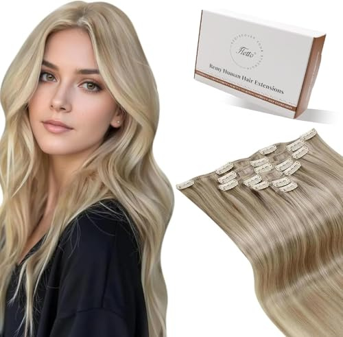 Hetto Echthaar Extensions Clip Hellgoldbraun & Hellblond Highlights 50cm 120g 7pcs - Für Lange Haare: Invisible & Seamless Haarverlängerung für Hochzeit, Volle Abdeckung für Sofortiges Volumen #17/23