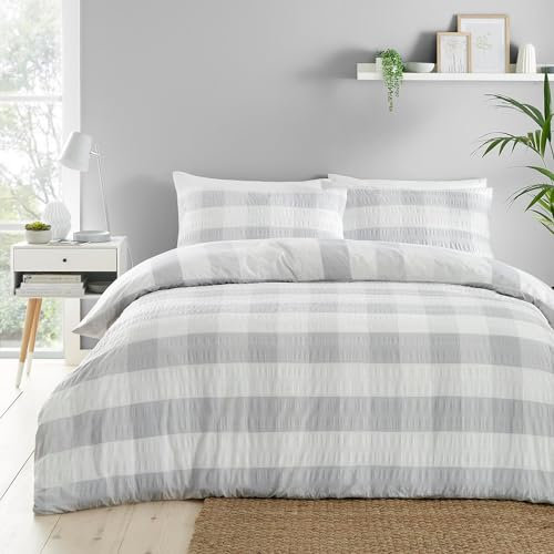 Fusion - Silver Check Seersucker Duvet Cover - Double Bedding Size (200 x 200cm) - Reversible Design (Stripes) - Soft Touch - Puckered Effect Bedding - Light Grey & White Flannelette/Gingham Bed Set