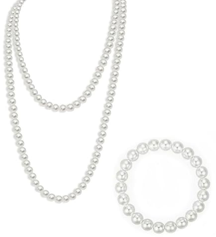 LEEQBCR Perlenkette Weiß 150cm & Armband, 1920er Jahre Kostüm Accessoires, Elegante Faux Perlenkette Damen Weiß
