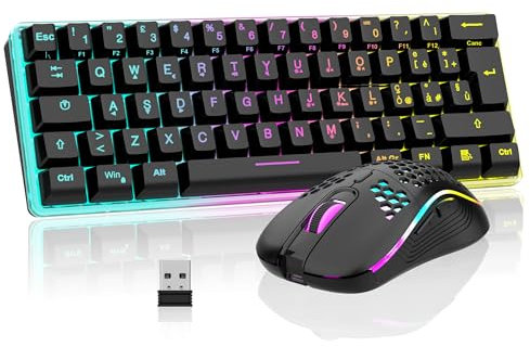 RedThunder 60% Tastiera da Gioco Meccanica Senza Fili, Retroilluminazione Dinamica RGB, Mouse a Nido D'ape Leggero da 3200 DPI, Tastiera Ultracompatta, 62 Tasti Antiriflesso, Layout IT per PC/PS5-Nero