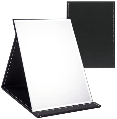 WISYOK Reisespiegel Klappbar, Tischspiegel mit Mehrfach-Standwinkel, Klappspiegel mit Schwarz PU-Leder, Super HD Schminkspiegel, Handspiegel, Kompaktspiegel, Kosmetikspiegel, Spiegel Klein - 16x12cm
