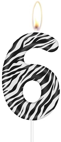 Zebra Geburtstagszahl Kerzen, Zebra 6 Geburtstagskerzen, Schwarze weiße Streifen Nummer 6 Kerze für Kuchen, Dschungel Tier Thema für Mädchen Jungen 6th Geburtstagsparty Dekorationen, Zebra zahl Kerzen