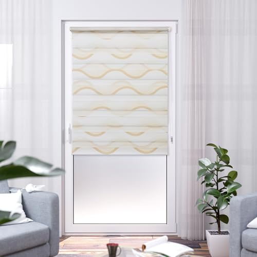 K-Home Klemmfix Doppelrollo Madrid ohne Bohren Bedruckt Welle Beige 55 x 150 cm (B x L)