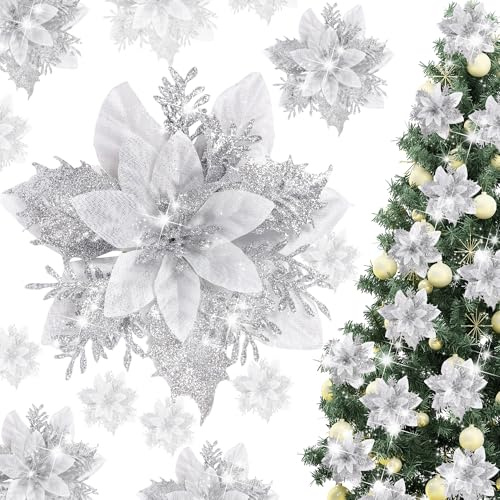 TIYCNIY 15 Pieces Glitter Poinsettia Christmas Decorations,Artificial Flowers Christmas Tree Ornaments,for New Year Wedding Xmas Wreath Home Party Decor (Silver)