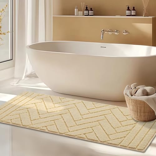 Biscpro Badteppich Beige Badezimmerteppich rutschfeste 60x150cm,Weich Wasserabsorbierend Badematte Waschbar Badvorleger für Dusche,Badematte,Flure,Schlafzimmer Mat