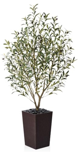 VeriNatural Künstlicher Olivenbaum 150cm Künstliche Pflanzen wie echt Kunstpflanzen Groß–Deko Kunstbaum mit Braun Topf in Netzoptik&Kieselsteinen–Für Wohnzimmer,Büro & Moderne Zimmerpflanzen,VN132