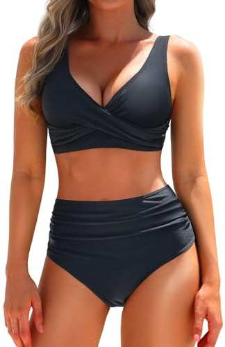 Bikini Oberteil Schwarz Bikini Damen Set Bauch Weg Badeanzug für Mollige Badeanzug Mit Bügel Splitter Sexy Casual Bademode Mit Brustpasse Ohne Stahlhalter Sommer Elegant Bademode Swimsuit AOS2