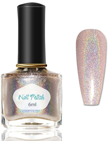 Holographischer Glitzer Nagellack - Transluzent Champagner Nagellack Schnelltrocknend mit Lasereffekt - Shining Langanhaltend Nagelack - Regenbogen Glitter Nail Polish für Frauen (Champagne, 6 Ml)