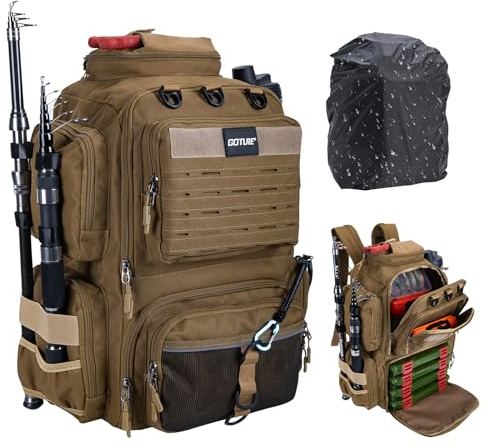 Goture Angelrucksack, 900D Oxford, 45-Liter-Angelgeräte-Rucksack, Angelzubehör-Rucksack mit Zwei Rutenhaltern und Regenschutz, Wasserabweisende Angelgerätetasche mit verstellbarem Fach