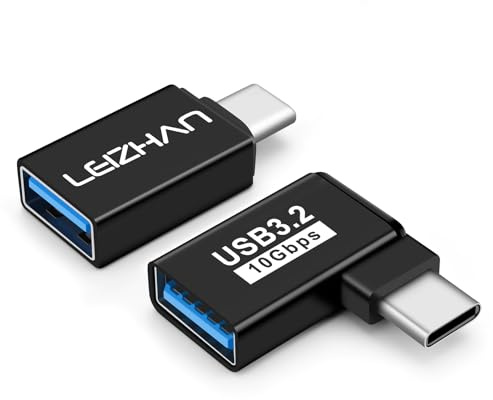 leizhan Adaptador USB 3.0 a Tipo-C, Recto y 90 Grados (2 Pack), USB Hembra a USB-C Macho OTG para Carga Rápida y Transferencia de Datos-Negro
