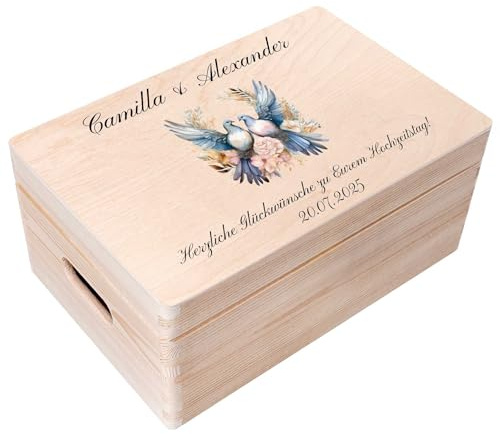 Creative Deco Hochzeitsgeschenke Personalisiert für Brautpaar - Blaue | Tauben | Erinnerungsbox Hochzeit | Geschenkkiste JGA | Holzkiste mit Deckel | Personalisiertes Hochzeitsgeschenk Farbdruck