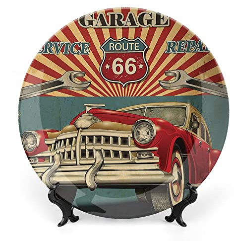 asbwuo Ceramic Display Plate, Americana Ceramic Hanging Decorative Plate, Old Garage Repair Shop Retro Art, 8 Inch, Living Room Kitchen Decoration Household, Teal