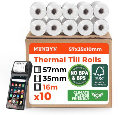 MUNBYN Rouleau TPE 57mm x 35mm x 16m Rouleau Papier Thermique,Rouleau Thermique pour Systèmes POS, Terminaux PDQ, Appareils Photo Instantanés et Machines à Carte Bancaire, Sans BPA/BPS [10 x]