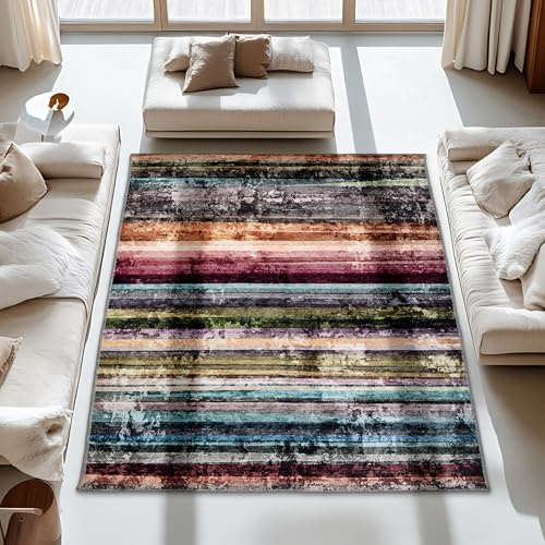 Carpido Farbenfroher Teppich Wohnzimmer, Schlafzimmer - Weiches Flachgewebe für Innen - Flauschiger Kurzflorteppich - Teppich Streifen bunt, 160 x 230 cm